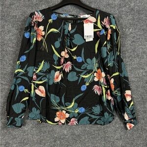 Floral printed pleated long sleeve top - lightweight - size petite large - NWT